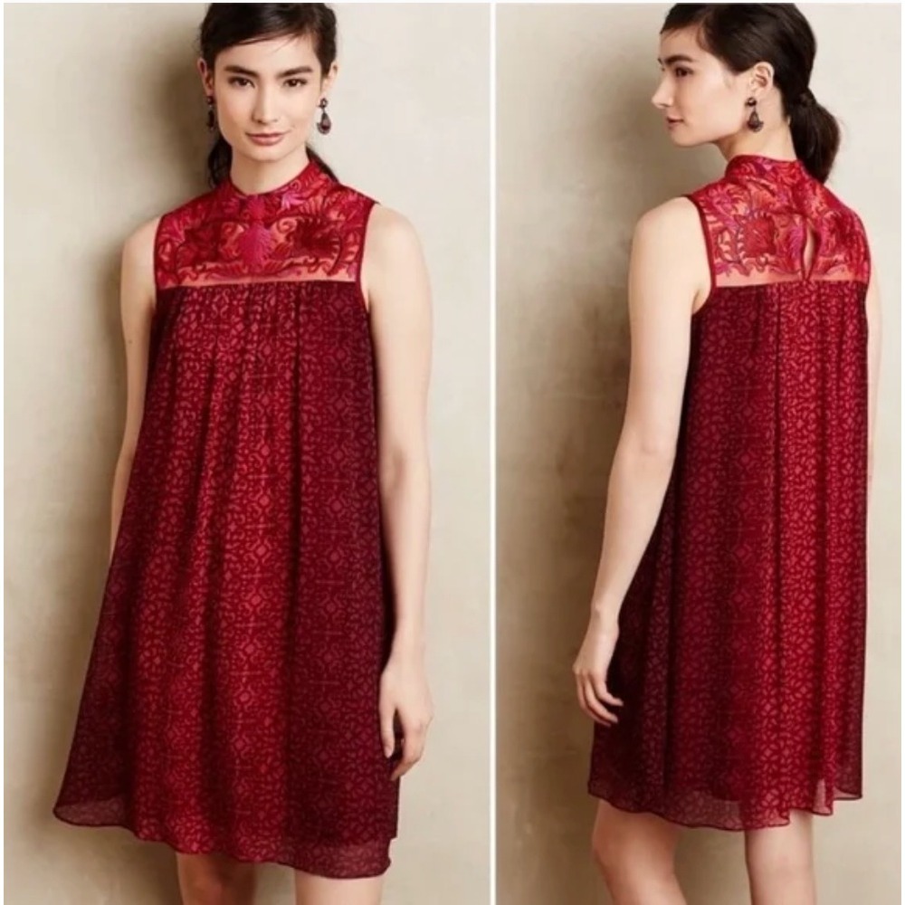 Anthropologie Niki Mahajan Amara Swing Dress Women's 0 Burgundy Red Party Boho